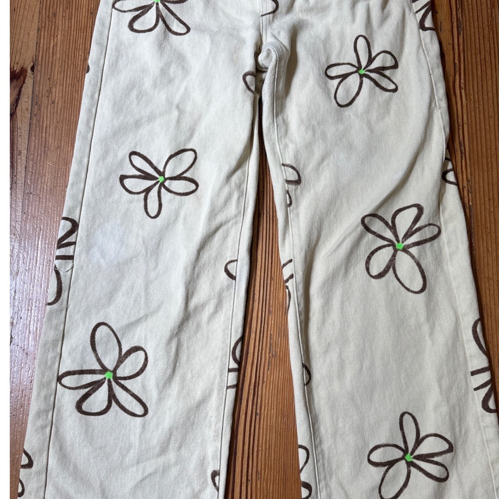 SHEIN Floral Wide Leg Jeans Women Cream Brown Boho High Rise SIZE 6 - Picture 3 of 7
